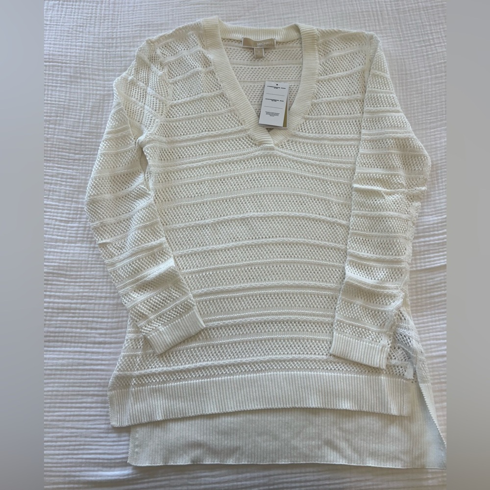 Michael Kors white stripe v-necklace tunic knitted sweater, Med